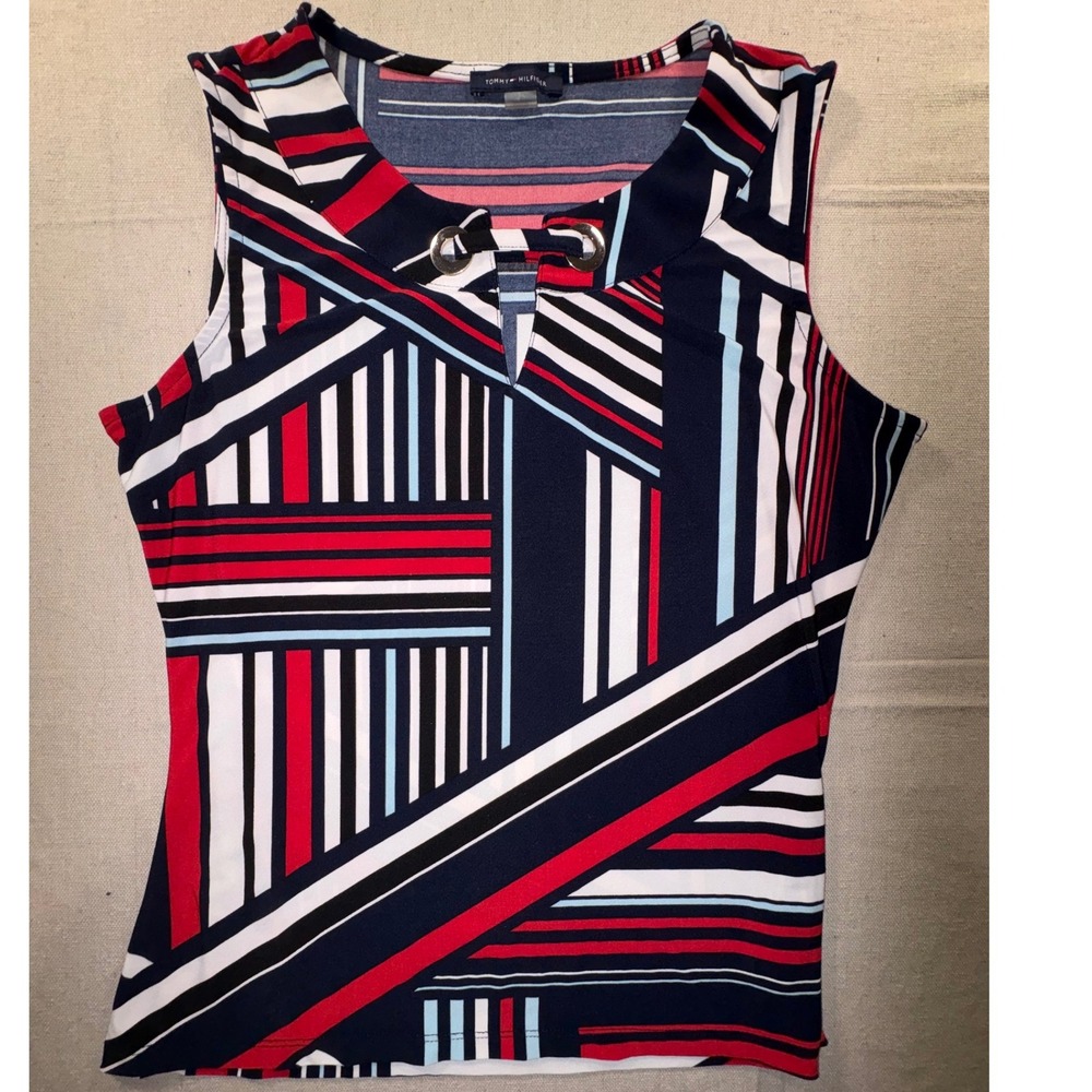 Tommy Hilfiger Womens Red White Navy Geometric Stripe Grommet Keyhole Top M